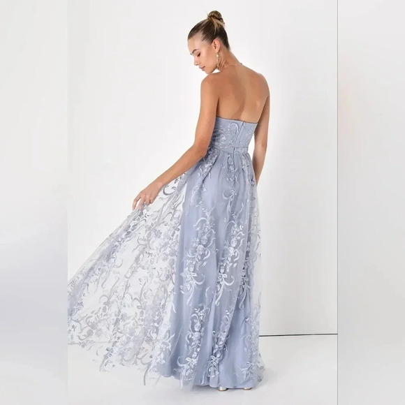 Lulu's Andria Slate Blue Embroidered Strapless Maxi Dress Wedding Party Guest - Picture 5 of 10